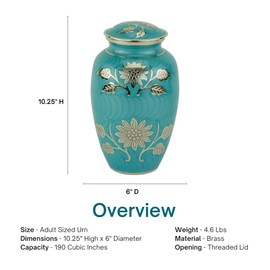 Grace Turquoise Cremation Urn for Ashes, Brass, Blue Green Urn, Adult Sized Cremation Urn, 10.25 Inches High