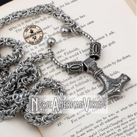 Norse American Viking Viking Mjolnir Thor's Hammer King Rune Byzantine Necklace 316L Stainless Steel