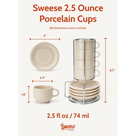 Sweese Porcelain Espresso Cups Set, 2.5 oz, Stackable with Saucers Metal Stand, Beige, 4 Pack