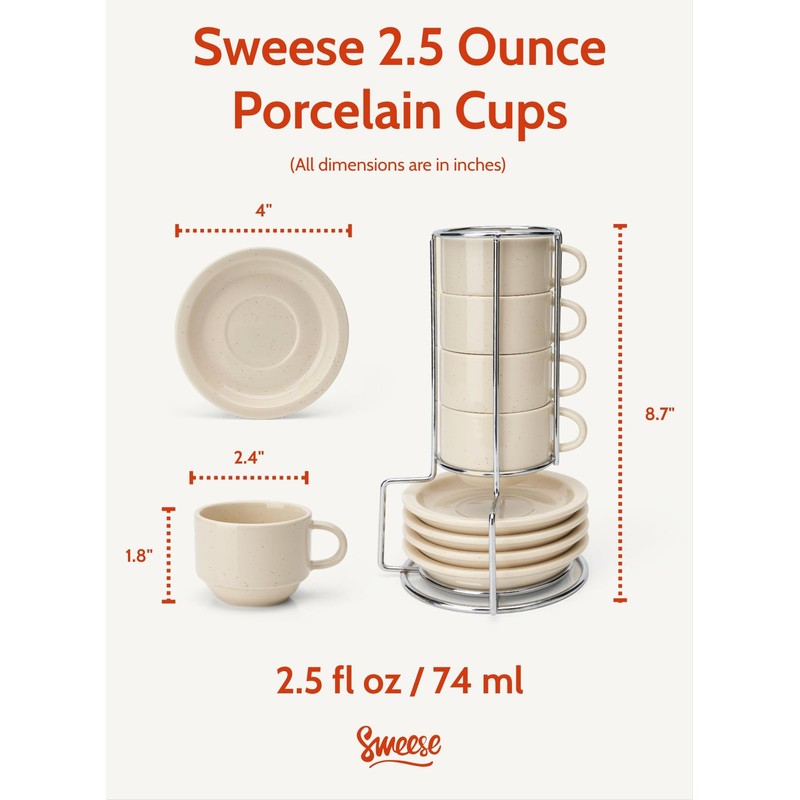 Sweese Porcelain Espresso Cups Set, 2.5 oz, Stackable with Saucers