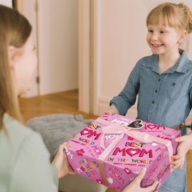 SaringSwoon Mother's Day Wrapping Paper for Mom Women- Pink Gift Wrap With Happy Mother's Day Best MoM, Heart, Floral and Butterfly Design for Mother's Day, Birthday - 28×40 Inches, 4 Sheets