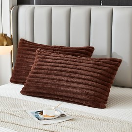 Uhamho Bed Pillowcase Standard Set of 2 Striped Faux Rabbit Fur and Velvet Back Rectangle Lumbar Pillow Covers Shams Modern Home Decorative (Coffee, 20 x 26 Inch)