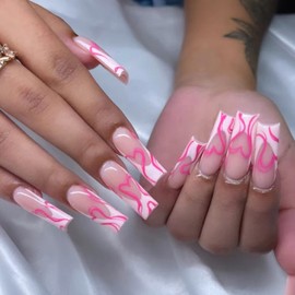 Long Press on Nails Square French Tip Fake Nails Glossy Glue on Nails Full Cover Nude Pink Acrylic False Nails with Design Heart Coffin Nail Tips Stick on Nails for Women Girls Manicure Supplies 24Pcs
