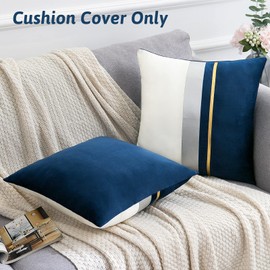 Navy Blue Cushion Covers 45 x 45 cm Gold Leather Striped Patchwork Velvet Case Luxury Modern Square Throw Pillow Cover Decorative Pillow for Bedroom Living Room Bed Sofa Car 18 × 18 inch