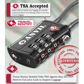 ANVIL TSA Approved Luggage Locks - Re-settable 3-Digit Combination Cable Lock with Alloy Body, Keyless Travel Sentry Accepted Padlock for Gym Locker, Golf Bags, Suitcases