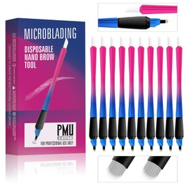 PMUBEAUTY 10Pcs Disposable Microblading pen sterilized 18 U-shaped 0.15mm Nano Blade Manual Eyebrow Pen Comfortable Rubber Grip with Pigment Sponge for Eyebrow Tattoo Permanent Makeup (18U 0.15mm)