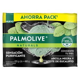 Palmolive Naturals Jabón de Baño Arcilla Negra y Aceite de Eucalipto en Barra 4 x 120 g. Limpia las Impurezas de tu Piel. Con Ingredientes 100% de Origen Natural. Piel Renovada y Humectada