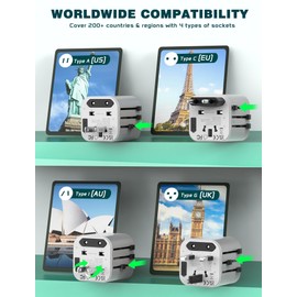 Universal Travel Adapter Worldwide, TECSIX Compact Travel Power Plug Adapter (Type A C G I), 2500W Internetional Wall Charger Outlet Adaptor to Europe, India, UK, US, AUS, Asia 200+ Countries
