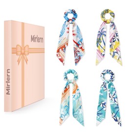 Mirlern 4-Piece Silk Satin Hair Scarf Scrunchies for Women Girls, No Damage Cute Hair Ties with Bow Ribbons Ponytail Holders Elastic Rubber Bands (Palm Tree Pattern)