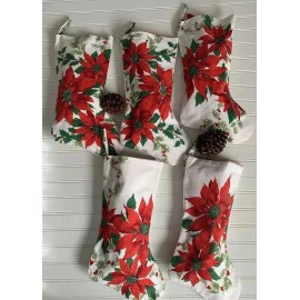 Handmade Vintage Handmade 50s Christmas Stocking Red White Poinsettia Holly 17” Lovely!