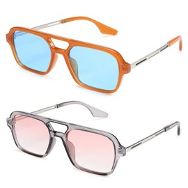 Hycredi Retro 70s Flat Aviator Sunglasses Trendy Vintage Square Glasses for Women Men Metal Design Shades UV Protection（Orange+Gradient Pink