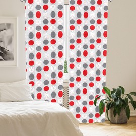 ABAKUHAUS Mid Century Curtains Pack of 2, Large Circle Spots and Oval Shapes Combined with the Figures of Geometry, 4 Pieces 150 cm x 175 cm, White Grey Red