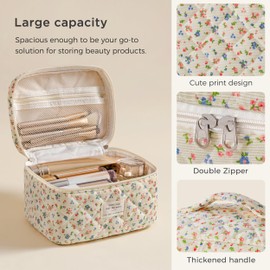 HBselect Quilted Makeup Bag for Women, Floral Cotton Cosmetic Bag Large Travel Makeup Bag Coquette Aesthetic Toiletry Bag