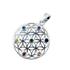 Kiss of Leather Flower of Life Pendant 925 Sterling Silver with Chakra Stones Si. 420, Silver