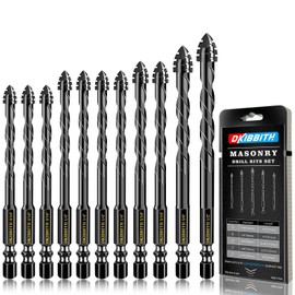 DKIBBITH 4-Flute Serrated Masonry Drill Bit Set,11-Piece Black - 3/16" to 1/2" for Concrete, Tile, Brick, Glass, Ceramic,Wood.