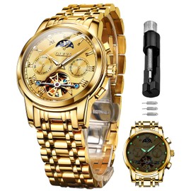 OLEVS Gold Mens Automatic Watches Skeleton Tourbillon Mechanical Self Winding Fashion Luxury Dress Wrist Watches Moon Phase Day Date Luminous Waterproof