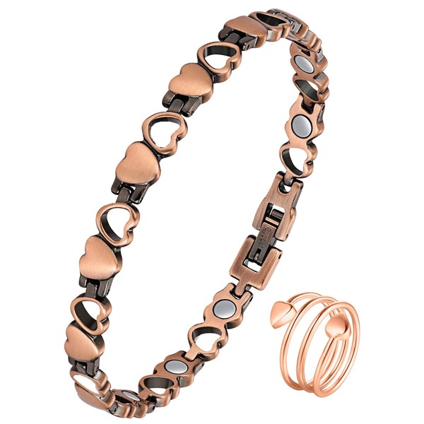 Jeracol Copper Magnetic Bracelet and Copper Magnetic Ring for Women, Special Design Bracelet and Love Ring, Adjustable Size, Copper Bracelet with Removal Tool and Gift Box