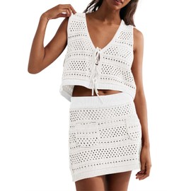 Saodimallsu Womens Crochet Swim Cover Up 2 Piece V Neck Sleeveless Front Tie Crop Tops Beach Mini Skirt Coverup Set White