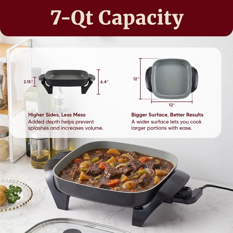 Elite Gourmet 12"x12"x2.15” Ceralast™ PFAS Free Ceramic Electric Skillet, Dishwasher