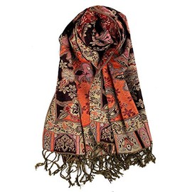 Plum Feathers Pashmina Scarf with Ethnic Tapestry Style Paisley Pattern - 67" x 28" Everyday Pashmina Travel Wrap and Shawl (Black Orange Tropical Paisley)