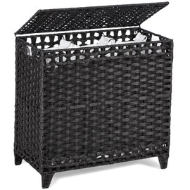 Laundry Hamper with 3 Removable Liner Bags; 132L Handwoven Rattan Laundry Basket with Lid & Heightened Feet; Clothes Hamper with Side Handles; Laundry Sorter with 3 Separate Sections (Black)