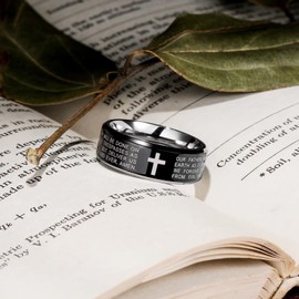 King Will 8mm Lord's Prayer Cross Ring Stainless Steel Ring Black Silver Wedding Band Bible Engraved Rings High Polished 12.5