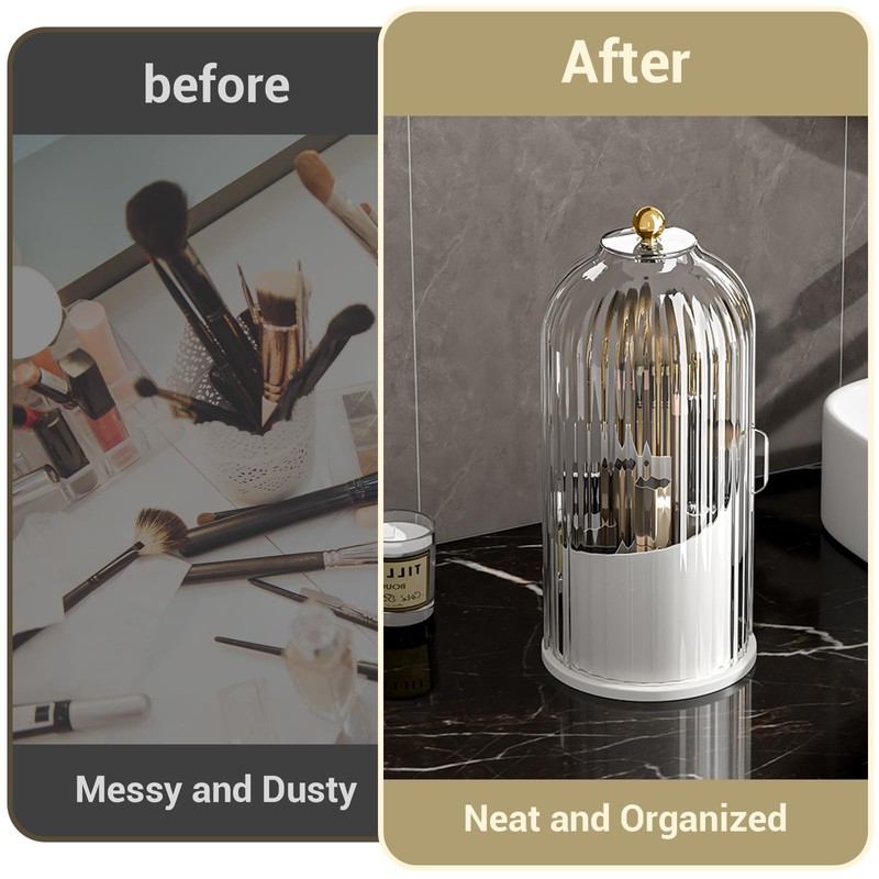 360° Rotating Makeup Brush Holder with Lid - Dustproof &
