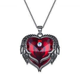 Flyonce Guardian Angel Wing Heart Necklace for Women, Embellished with Crystal Love Pendant Necklace, Christmas Valentines Birthday Mother's Day Jewelry Gifts Red Black-Tone