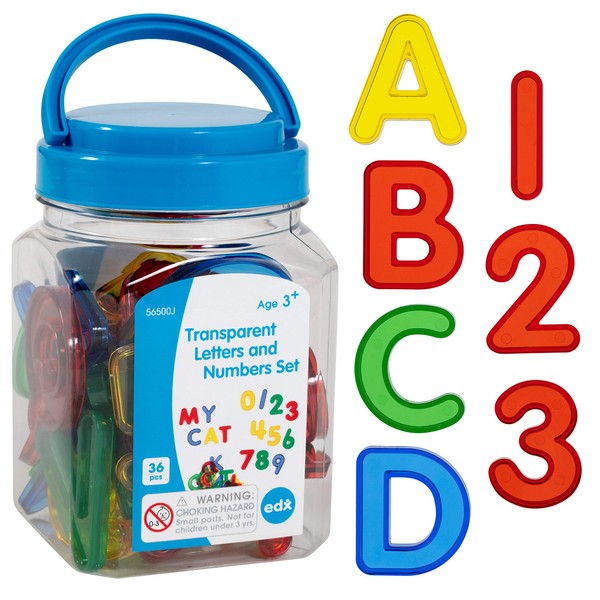 edxeducation Transparent Letters and Numbers - Mini Jar - Colorful, Plastic Letters and Numbers - Light Box Accessory - Sensory Play - Practice Counting and Spelling