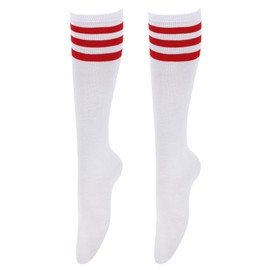 AWAVM Knee High Socks, Casual Thigh High Socks White Black Striped Boot Socks, 3 Striped Long Tube Stockings for Women Girls Daily Wear (UK, Alpha, One Size, Regular, Regular, Red)