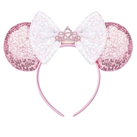 YUNISS Mouse Ears Headband, Sequin Headband with Glitter Bow, Costume Princess Party Accessory for Girls and Women (Pink Crown)