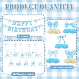 Lofaris Bow Birthday Party Decorations - Coquette Blue Birthday Banner, Bow Garland, Swirls, Honeycomb Centerpieces - Cute Baby Shower Decor for Girls