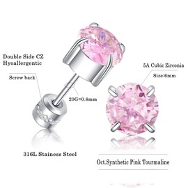 ZOCOYUU Titanium Screw Back Surgical Stainless Steel Stud Earrings for Women Men,Hypoallergenic Birthstone Stud Earrings Double Side 5A Cubic Zirconia Studs Jewelry 6mm (October (Tourmaline))