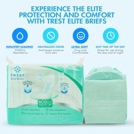 TREST Elite Briefs for Men and Women, Overnight Diapers for Incontinence, Elite Absorbency, Comfortable, Odor Neutralizing and Secure Fit with 2 Wide Tabs - Green, Medium (Pack of 10)