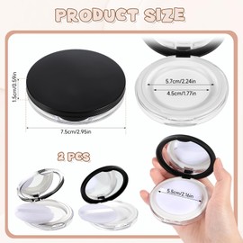 2PCS Loose Powder Container with Puff Empty Powder Compact Portable Powders Puff and Container with Mirror and Elasticated Net Sifter 0.17/0.7 oz Reusable Plastic DIY Makeup Case (Black, Silver)