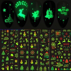 Christmas Nail Stickers 3D Luminous Nail Decals Self-Adhesive Christmas Nails Art Stickers 9Sheets Snowflake Snowflake Bell Elk Nail Design Manicure Tips Nail Decoration for Women Girls Kids