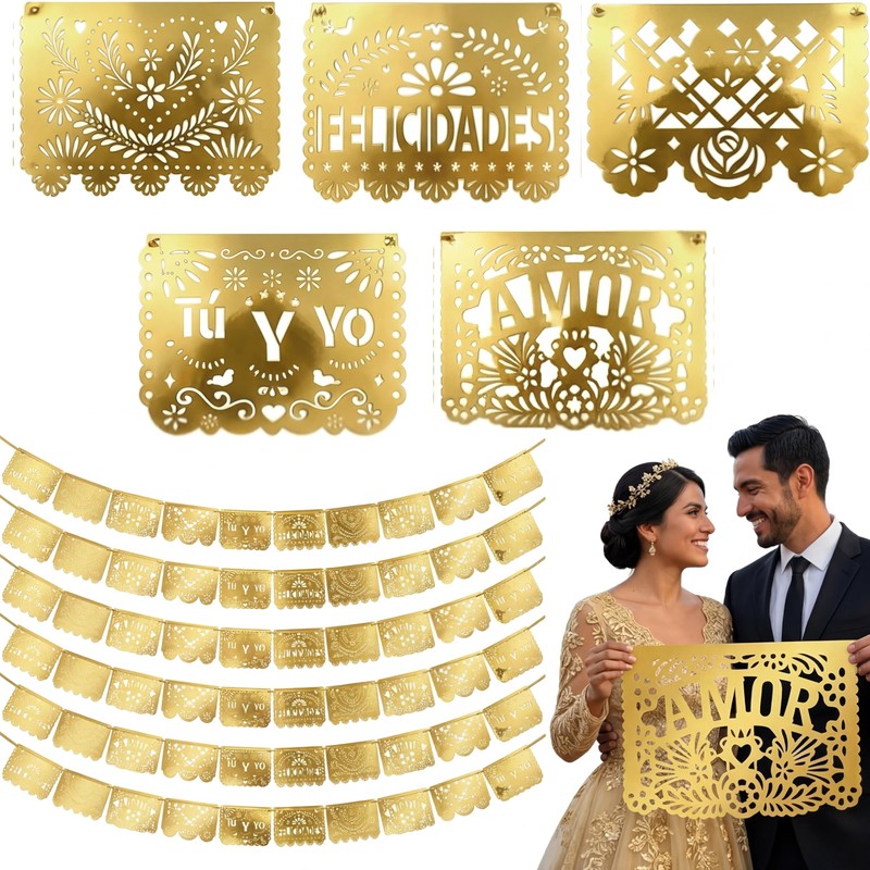 6 Pack Papel Picado Wedding Banner Gold, 120 ft Plastic