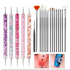 Kit/Set de 15 Pinceles para Mano Alzada + 5 Punteros doble punta Decoración para Uñas Acrílicas