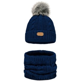 Alur Children's Unisex Beanie with Loop Scarf Set Winter Hat Knitted Hat with Bobble - Warm Elastic Elegant Winter Hat Scarf Eko Bobble Hat - Soft Yarn Stylish Warm, navy