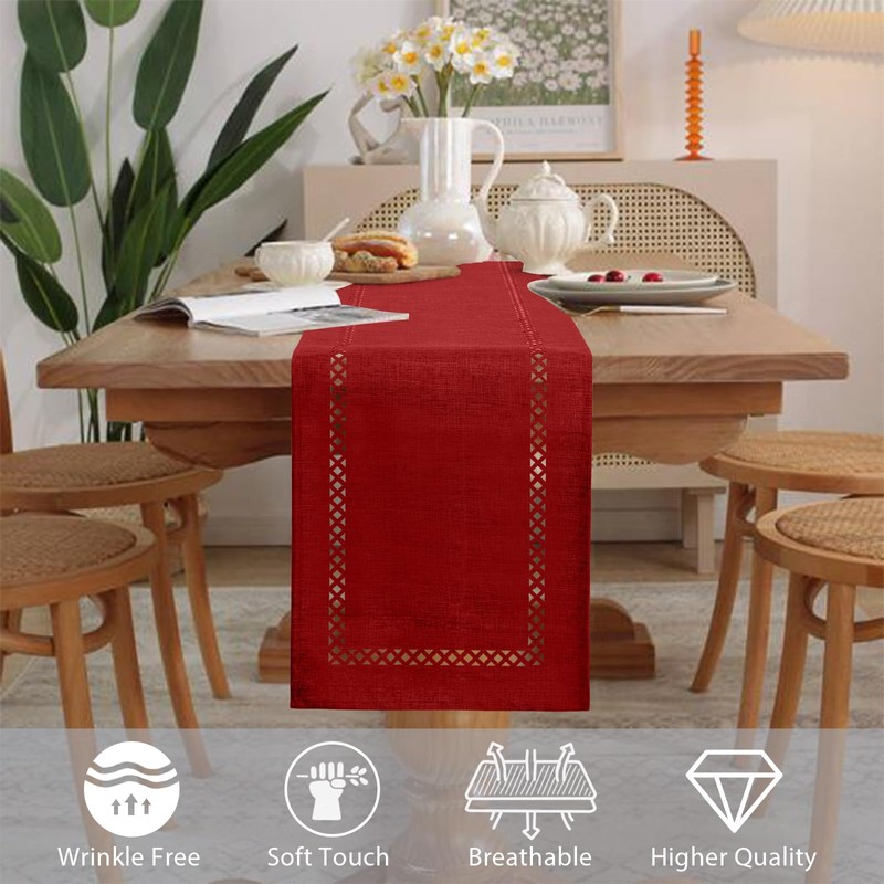 BAZIOE Modern Table Runner Red Linen Table Runner Washable Openwork