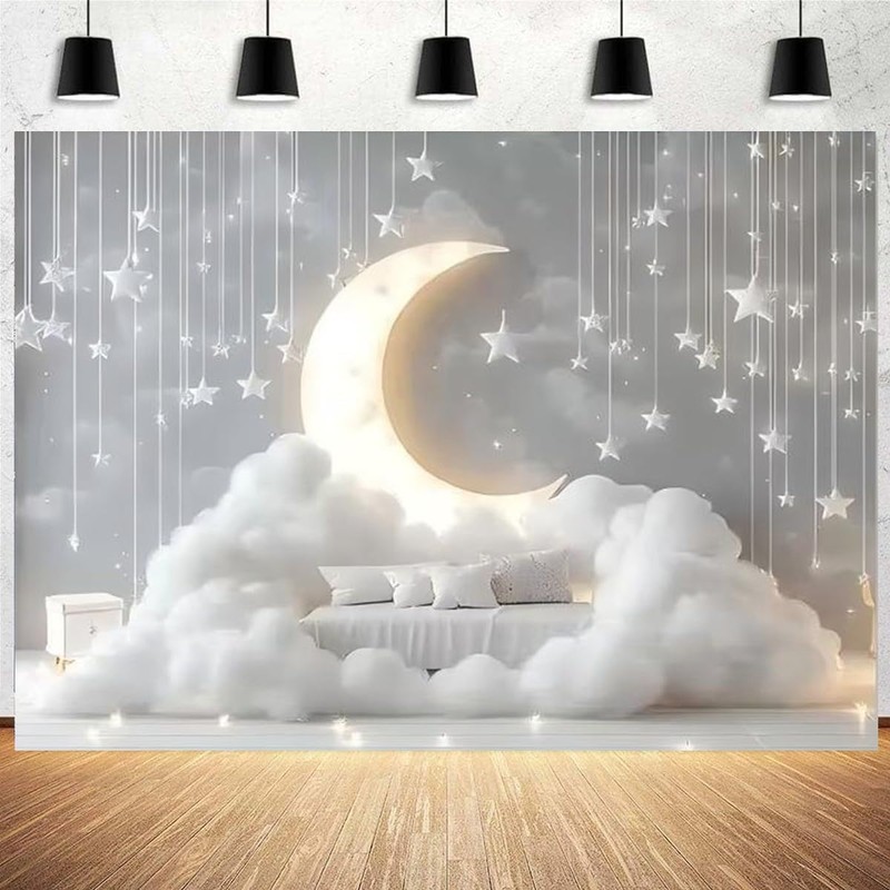 Indoor Boho Newborn Children Golden Glowing Moon Silver Glittering Stars