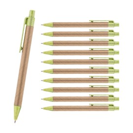 WPRO Tom 10 Ballpoint Pens Made of Recycled Paper and Plastic Wheat Straw Green Retractable Coloured Clip, Push Button and Tip Blue Ink Replaceable Refill Office School Sustainable