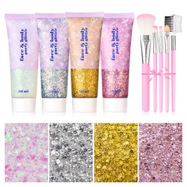 Pack of 4 Body Glitter Gel, Glitter Face Festival Glitter Face, Glitter Make-Up for Face, Body Glitter Gel Face, Glitter Gel, Face Glitter (White + Silver + Gold + Pink + 5 Brushes)