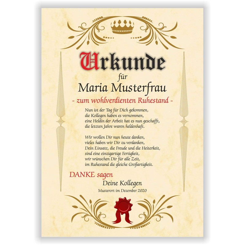 Retirement Certificate Personal Retirement Gift Idea for Farewell to Work