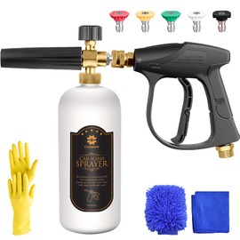 Short Pressure Washer Gun with Foam Cannon, 1/4 Inch Quick Connector, with 5 Pressure Washer Nozzles and Cleaning Gloves, 1 Liter
