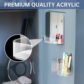 NiHome Magnetic Acrylic Locker Accessories Kit, Locker Mirror & Pen Holder Makeup Brush Holder - Eyebrow Stationery Locker Organizer with Mirror for School, Office, Gym Lockers & Home Fridge Use