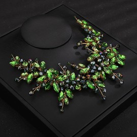 Teyglen Crystal Wedding Hair Vine Bridal Green Rhinestone Beads Headband Handmade Red Pink Blue Black Flower Hair Pieces Vinatge Headpieces Wedding Hair Accessories for Women Bride Girls (Green)