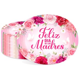 Feliz Dia De Las Madres Plates 50pcs,Happy Mother's Day Spainish Party Decoration,Mothers Day Pink Floral Oval Disposable Paper Plates for Best Mom Ever Party Supplies,11.6 x 9.4 Inch