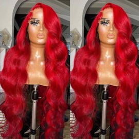 SISIFIRE Red Body Wave Lace Front Wigs for Women 13 * 4 Inch Heat Resistant Fiber Loose Curly Wavy Wig with Baby Hair Synthetic Lace Wig Glueless Lace Front Wig for Daily Party Use