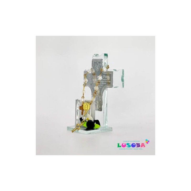 Cruz de Cristal con Mono y Mini Biblia Luctuoso 12